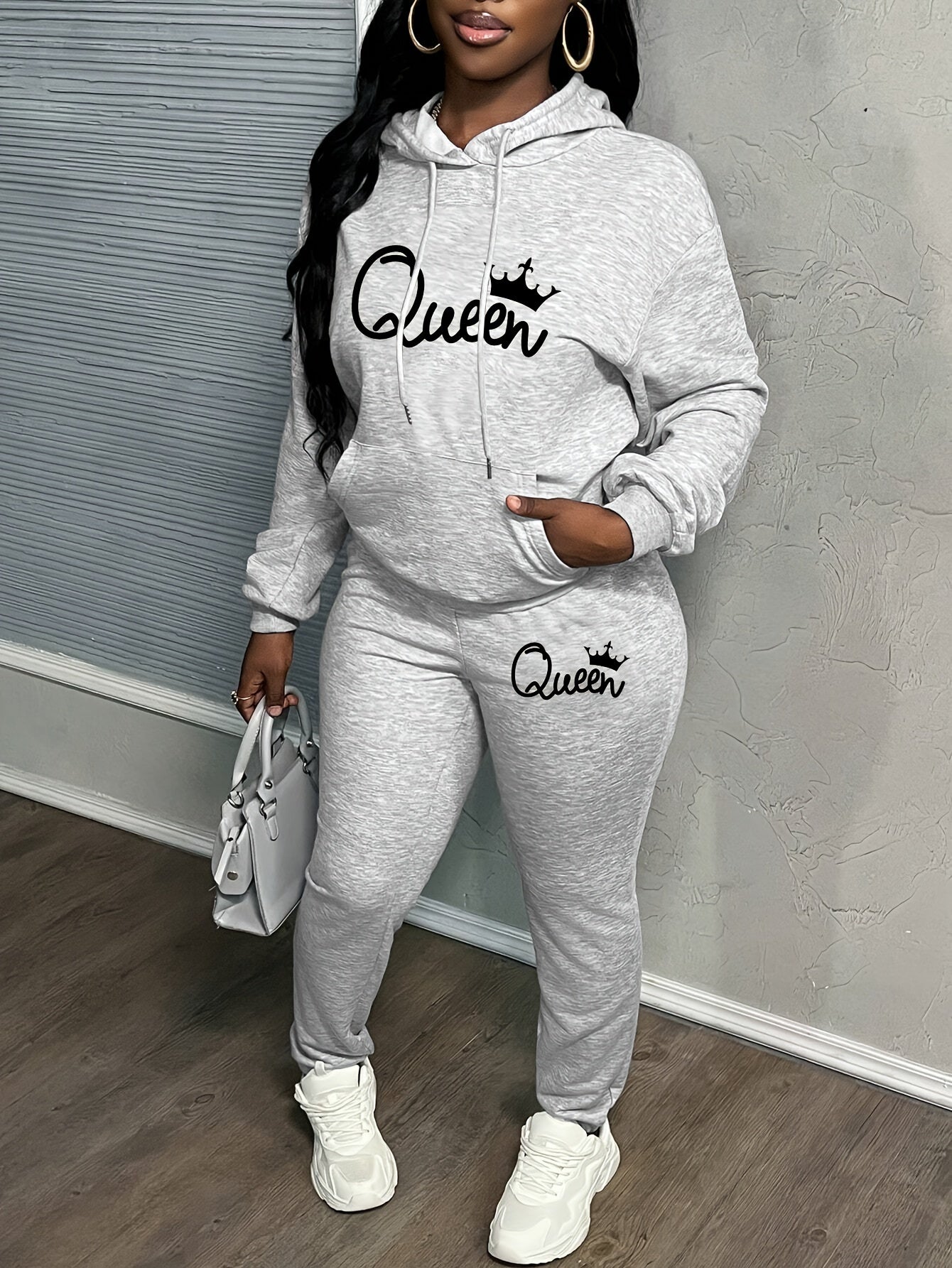 Letter Print Two Piece Hoodie And Pants Set Polyester Women