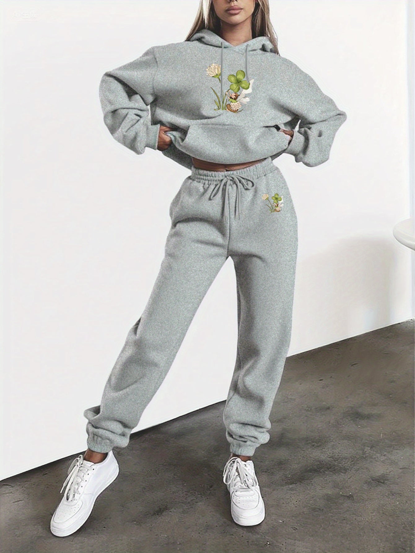 Floral Print Womens Hooded Sweatshirt And Pants Set Winter