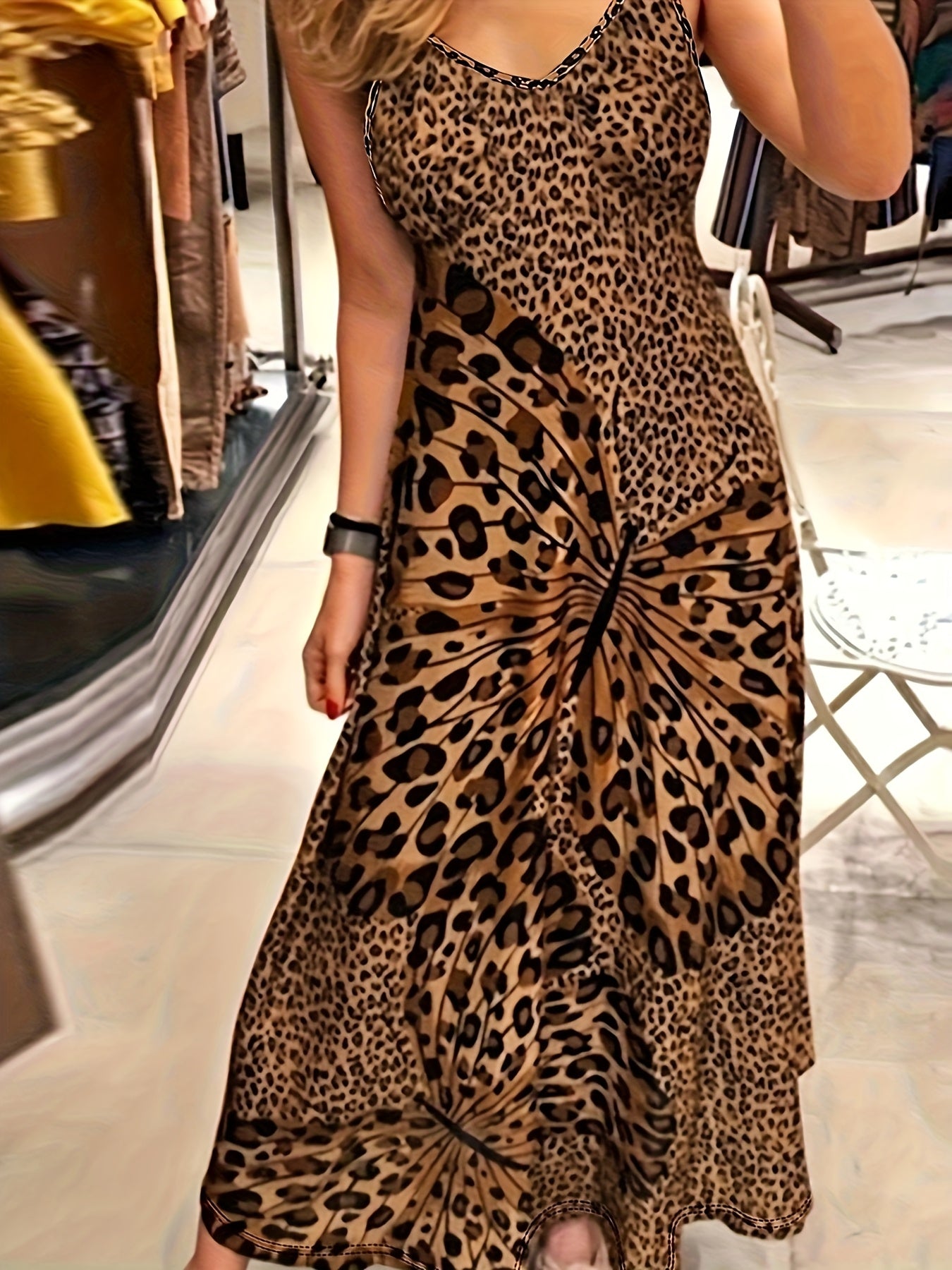Women Casual Holiday Leopard Butterfly Print Strap Dress