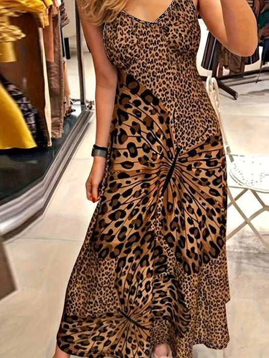 Women Casual Holiday Leopard Butterfly Print Strap Dress