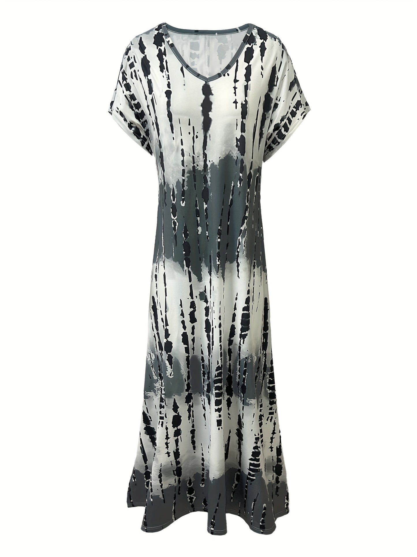 Tie Dye V Neck Dress with Elegant Split Short Sleeves