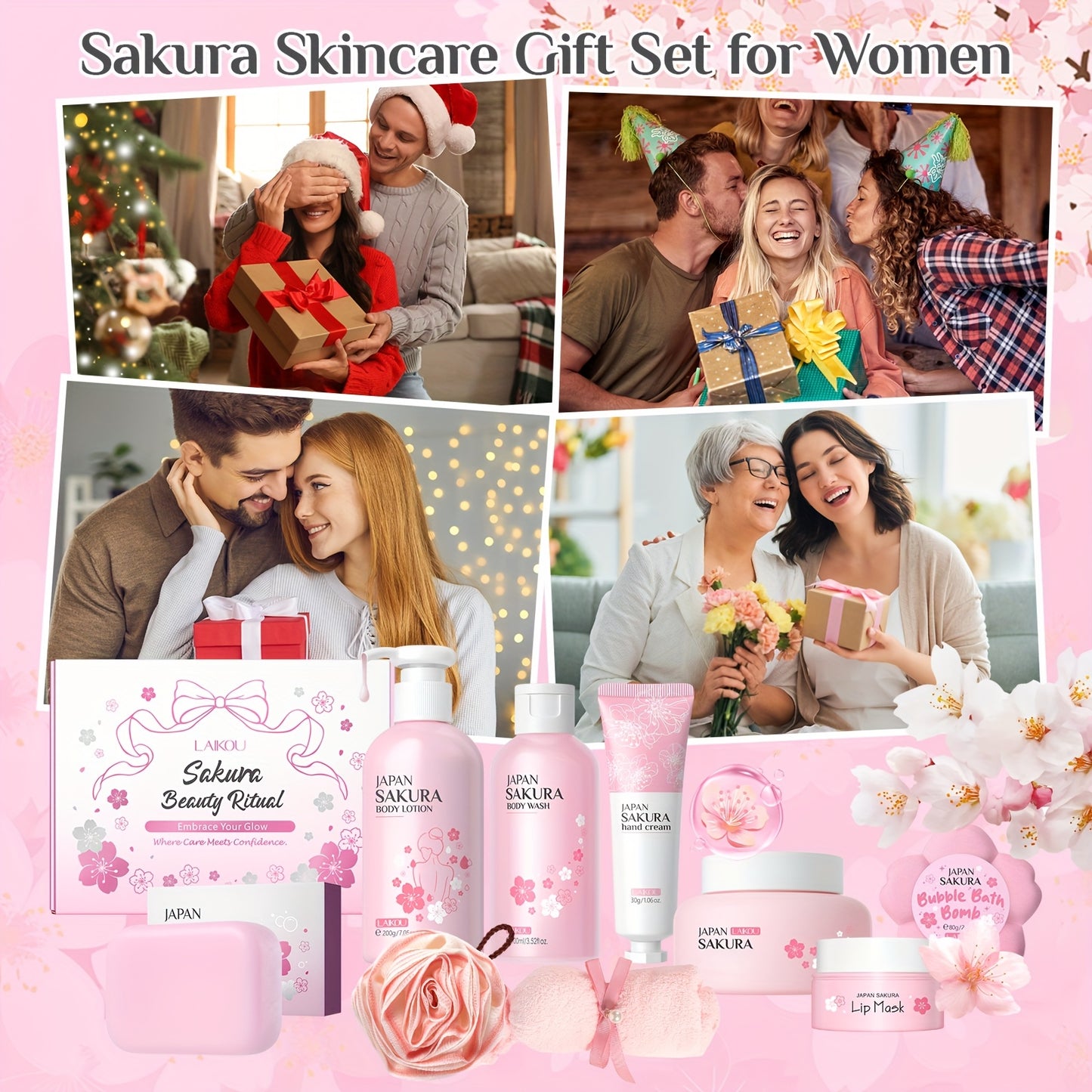 Sakura Body Bath Sets for Women Gift with Body Wash, Lotion, Soap, Bath Bomb, Scrub, Hand Cream & Lip Mask, Travel Essentials Skincare, Birthday Mother's Day Valentine's Day, Thanksgiving, And Christmas Gifts for Women