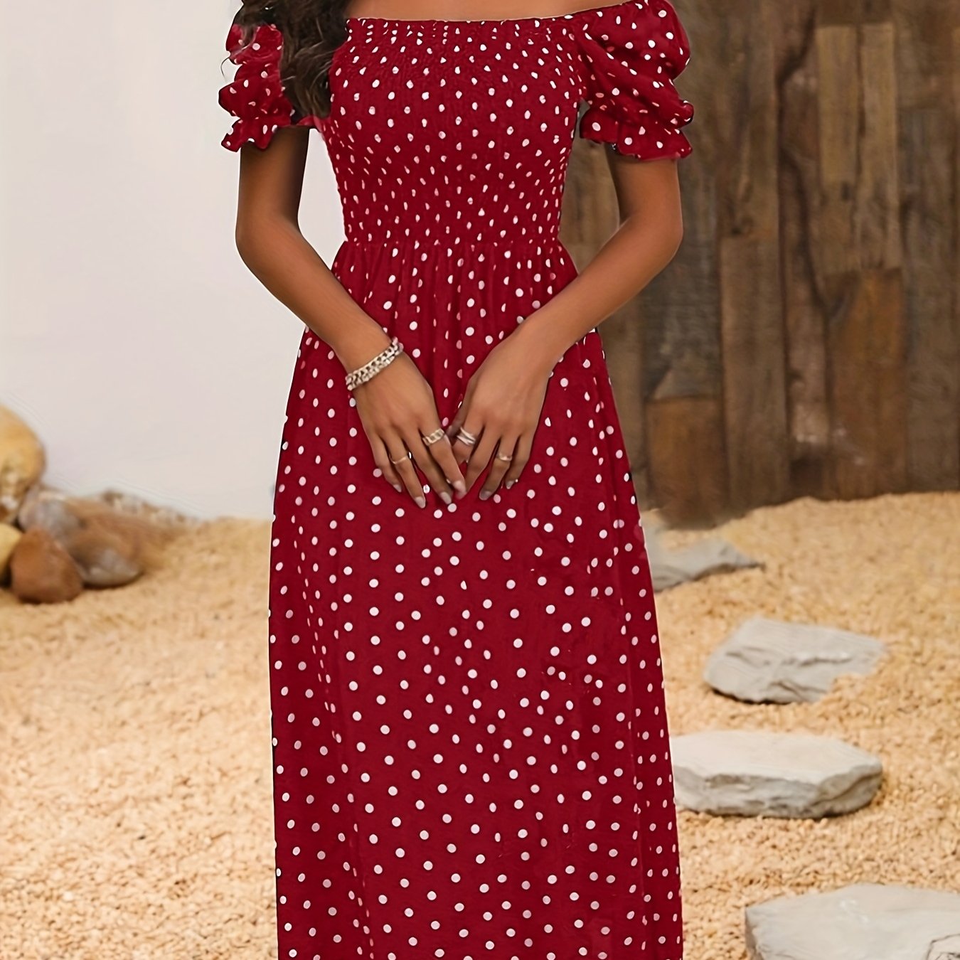 Elegant Off-Shoulder Red & White Polka Dot Mum Dress with Shirred Waist - Chic Summer Two-Way Wear for Women, Off Shoulder Dress