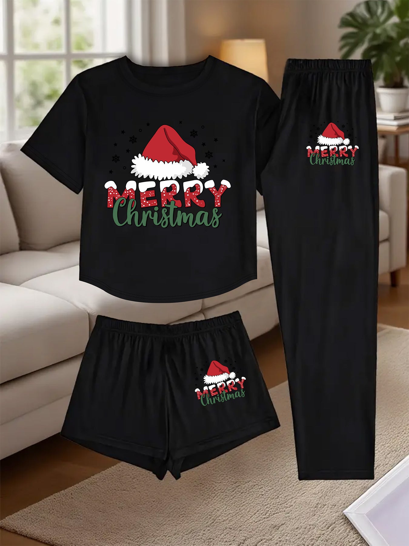 3pcs Women's Christmas Pajama Set - Black & Red Short Sleeve T-Shirt, Shorts & Lounge Pants with White Elastic Waistband - Holiday Sleepwear & Casual Outfit, Machine Washable Spring/Summer Pajamas for & Women