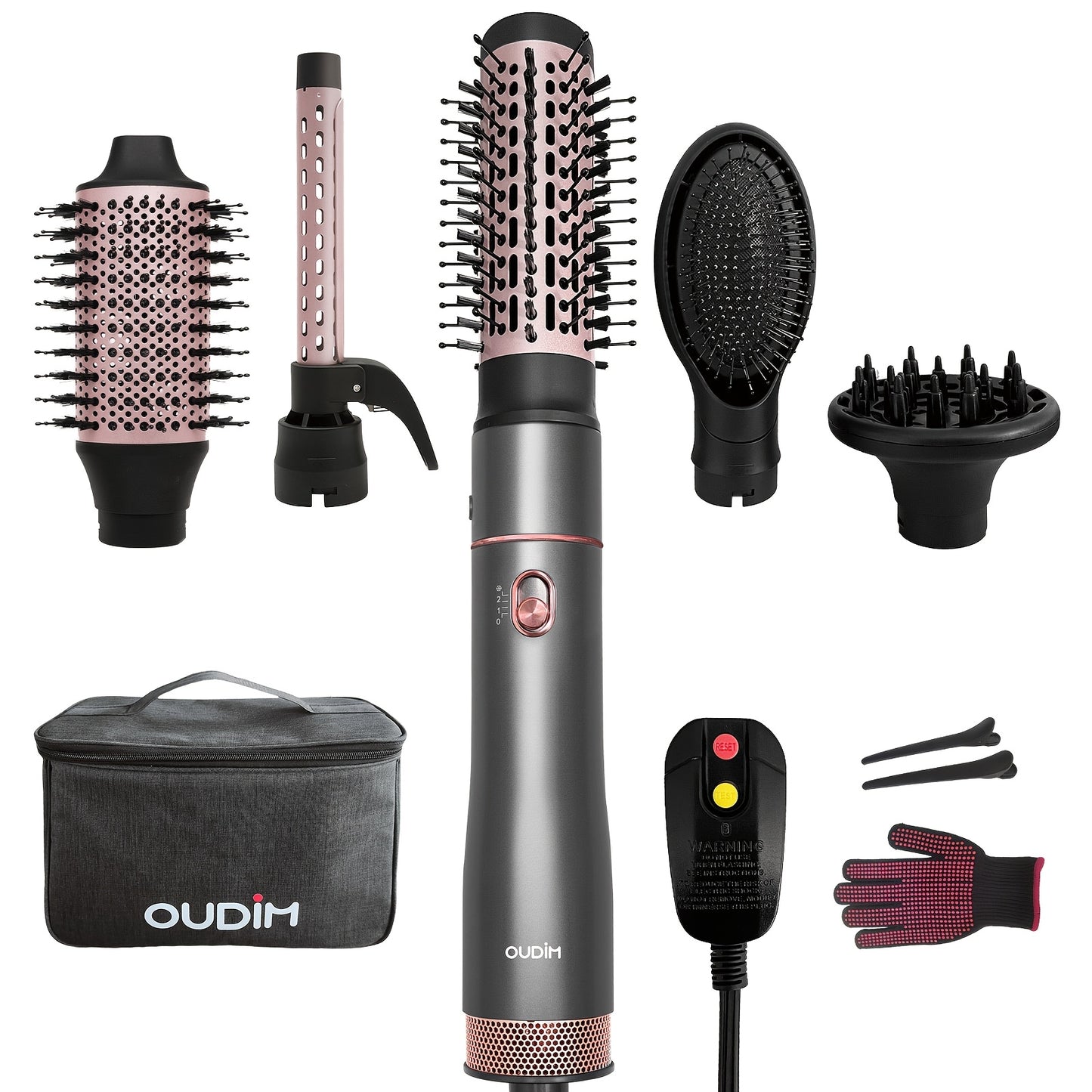 5-in-1 Hot Air Comb Set with Negative Ion Technology - Hair Dryer, Massage Straightening Comb, Round Curling Iron & Oval Styling Comb, Interchangeable Heads