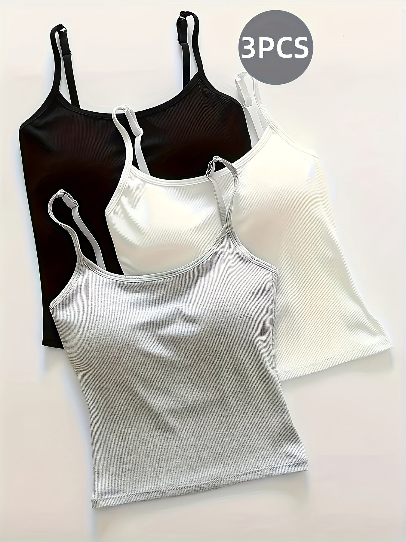 [Sleeless Top] 3-pack Women's Sleeveless Ribbed Sling Top | Soft Adhesive Blend, Elegant Casual Style, Built-in Bra Pad - Black, Beige, Light Blue - Perfect For Casual Clothing