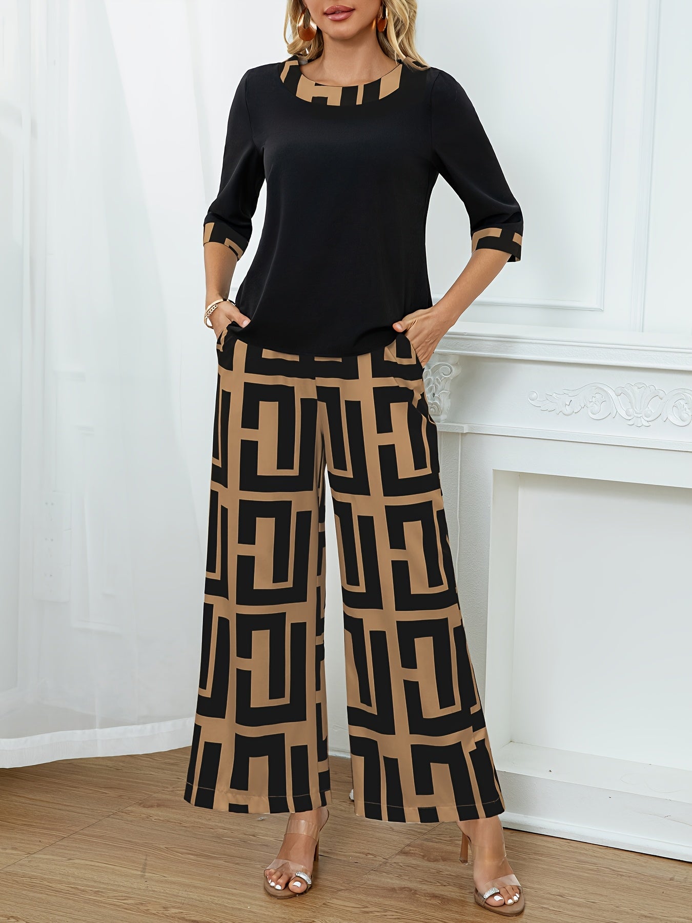 Women'S Elegant Patchwork Round Neck Top + Geometric Print Wide Leg Pants Two Piece Set, Polyester, All-Season, with Fake Drawstring Detail