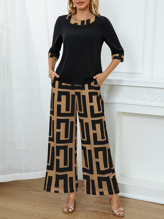 Women'S Elegant Patchwork Round Neck Top + Geometric Print Wide Leg Pants Two Piece Set, Polyester, All-Season, with Fake Drawstring Detail