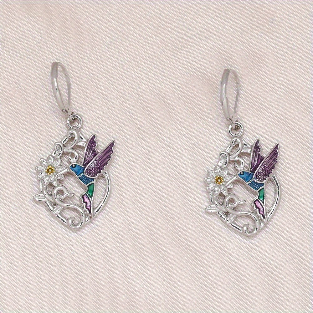 Elegant Bird and Daisy Rhombus Earrings - Exquisite Fashion Jewelry with Purple Gemstones - Perfect Birthday and Christmas Gift for Family and Friends