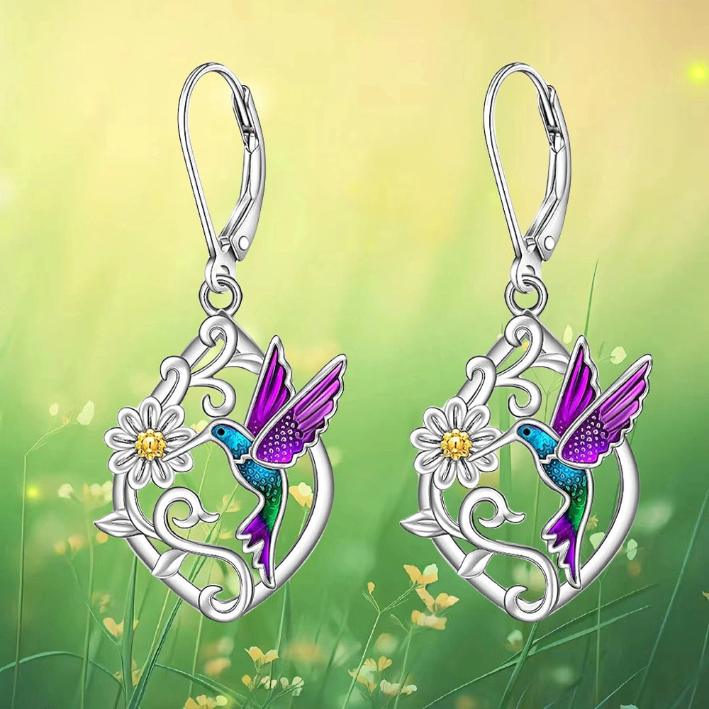 Elegant Bird and Daisy Rhombus Earrings - Exquisite Fashion Jewelry with Purple Gemstones - Perfect Birthday and Christmas Gift for Family and Friends