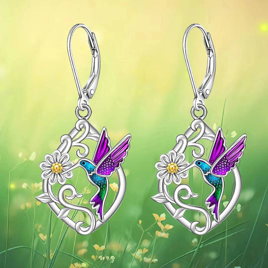 Elegant Bird and Daisy Rhombus Earrings - Exquisite Fashion Jewelry with Purple Gemstones - Perfect Birthday and Christmas Gift for Family and Friends