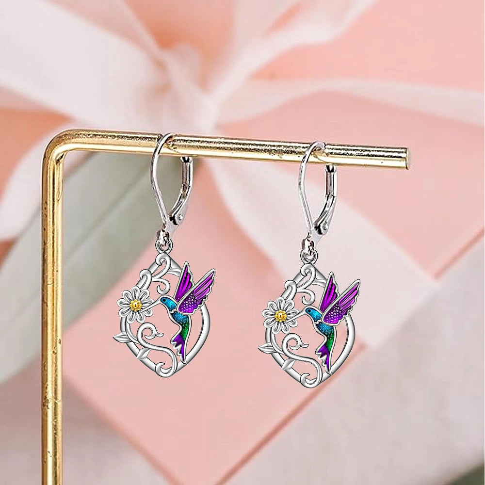 Elegant Bird and Daisy Rhombus Earrings - Exquisite Fashion Jewelry with Purple Gemstones - Perfect Birthday and Christmas Gift for Family and Friends
