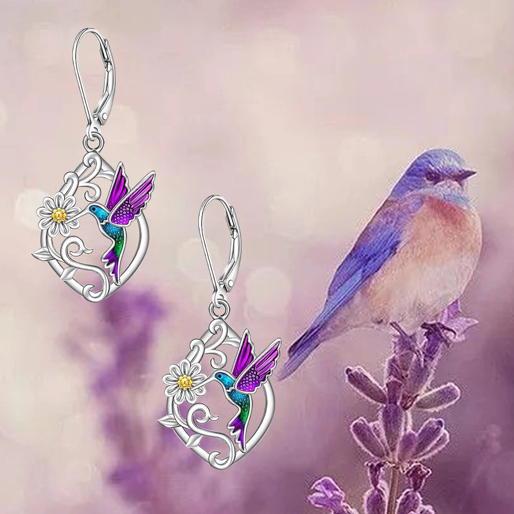 Elegant Bird and Daisy Rhombus Earrings - Exquisite Fashion Jewelry with Purple Gemstones - Perfect Birthday and Christmas Gift for Family and Friends