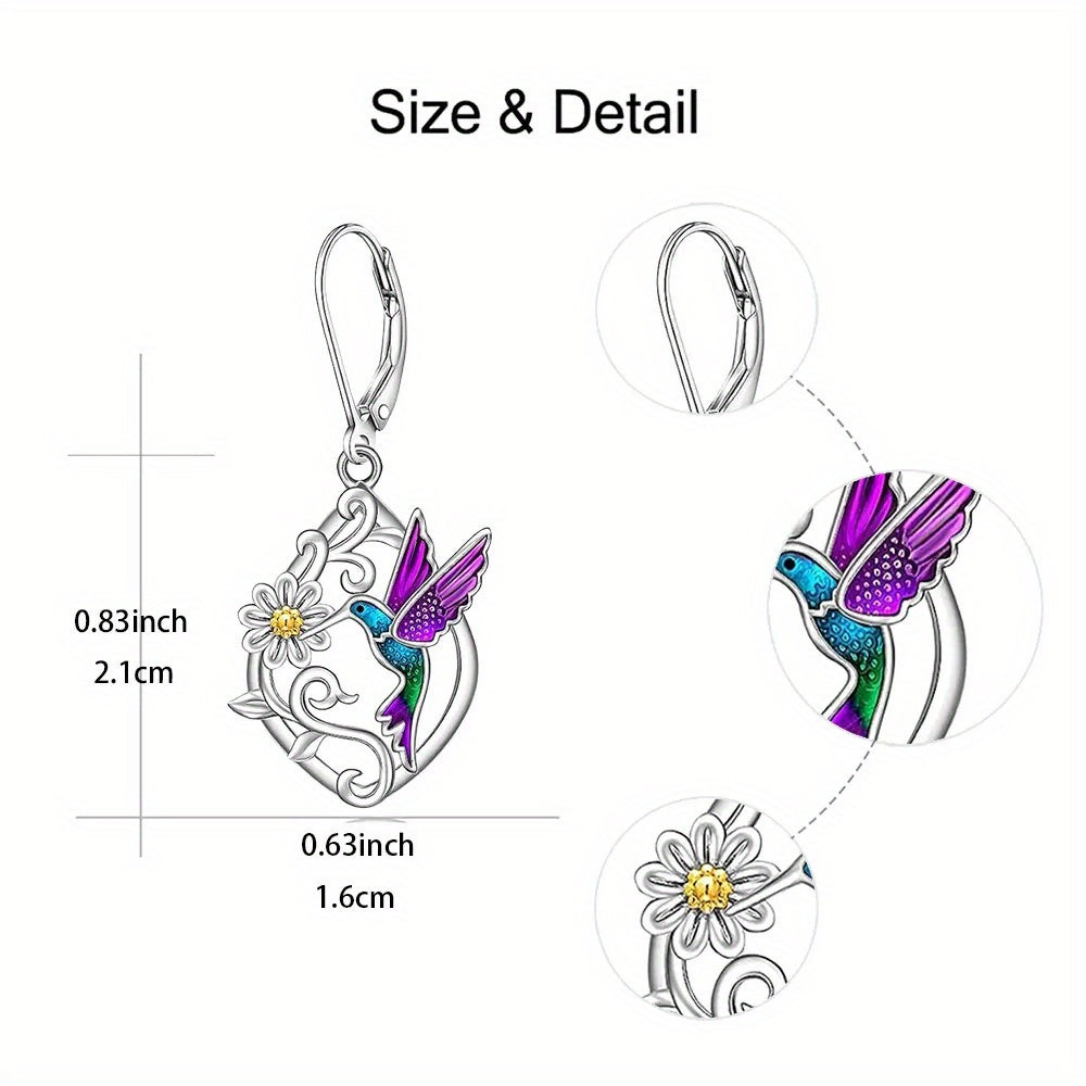 Elegant Bird and Daisy Rhombus Earrings - Exquisite Fashion Jewelry with Purple Gemstones - Perfect Birthday and Christmas Gift for Family and Friends