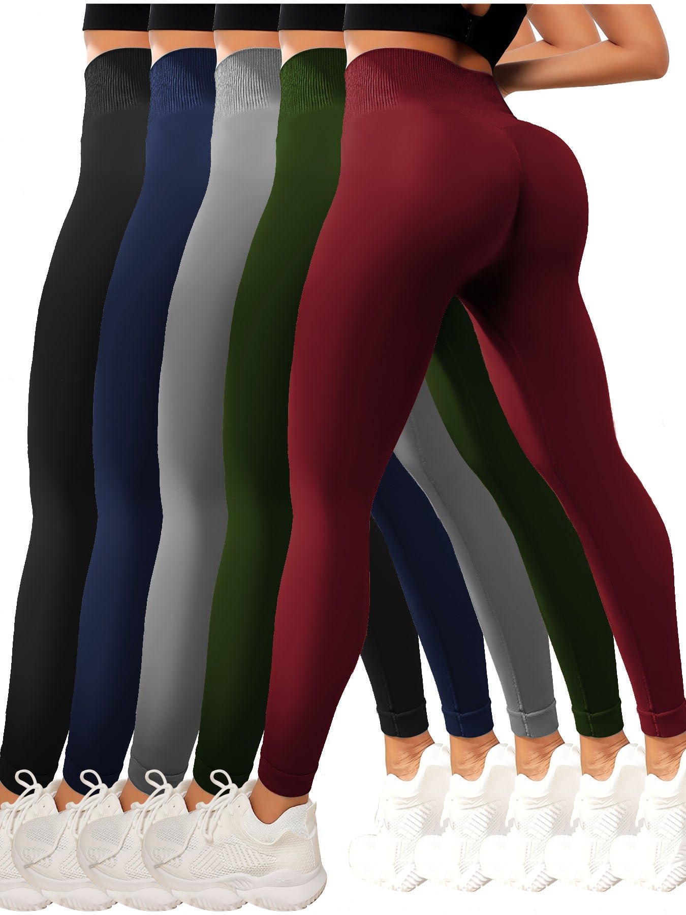 Five-pack women's high waisted leggings super soft stretch opaque slim fit yoga leggings, solid color stretch tummy control yoga pants for cycling workouts