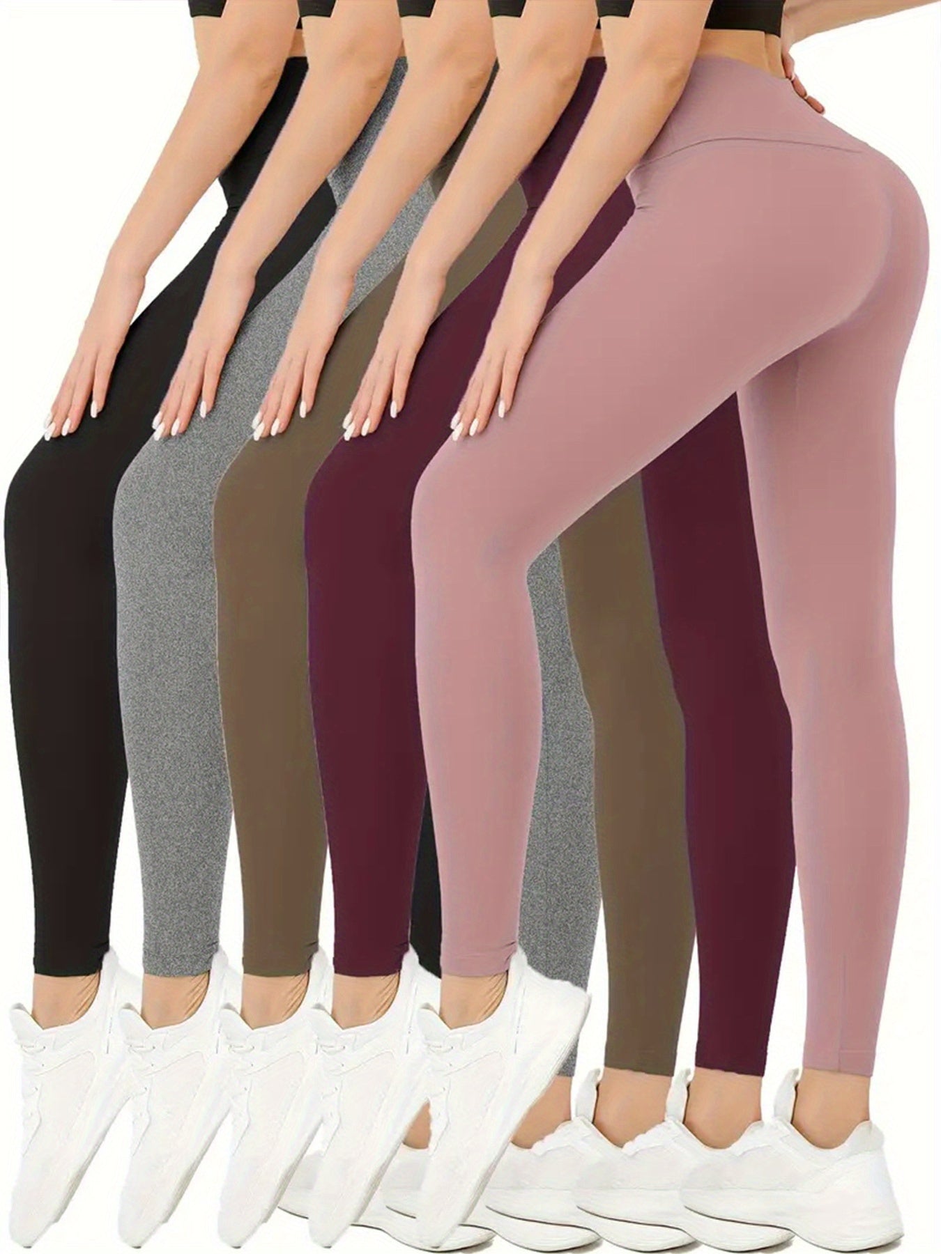 Five-pack women's high waisted leggings super soft stretch opaque slim fit yoga leggings, solid color stretch tummy control yoga pants for cycling workouts