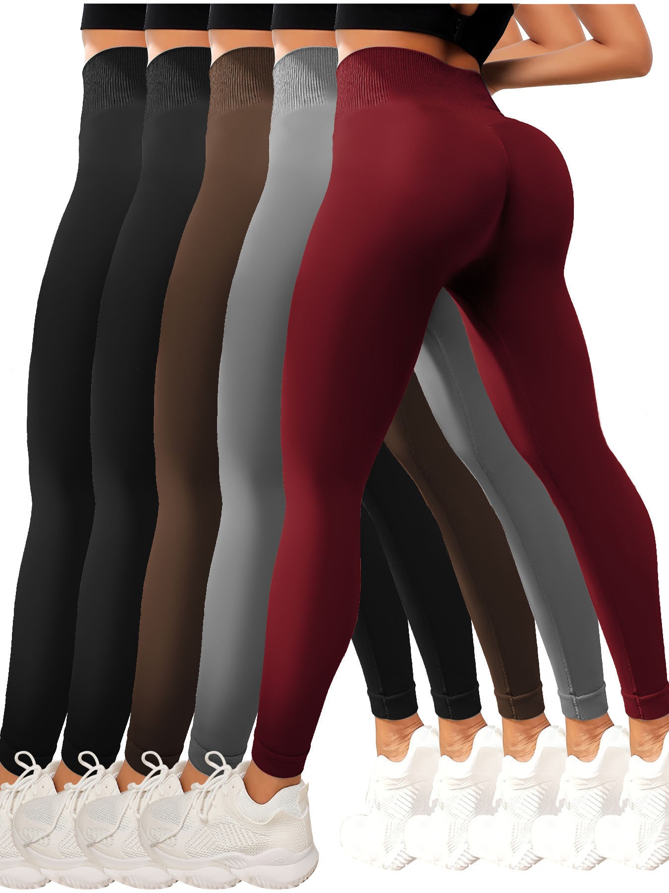 Five-pack women's high waisted leggings super soft stretch opaque slim fit yoga leggings, solid color stretch tummy control yoga pants for cycling workouts