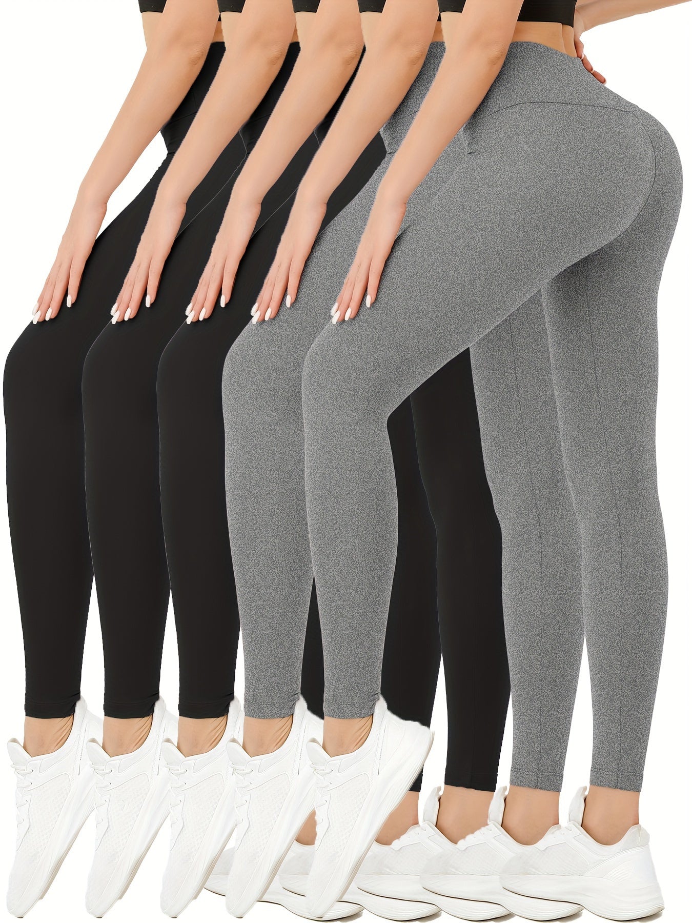 Five-pack women's high waisted leggings super soft stretch opaque slim fit yoga leggings, solid color stretch tummy control yoga pants for cycling workouts