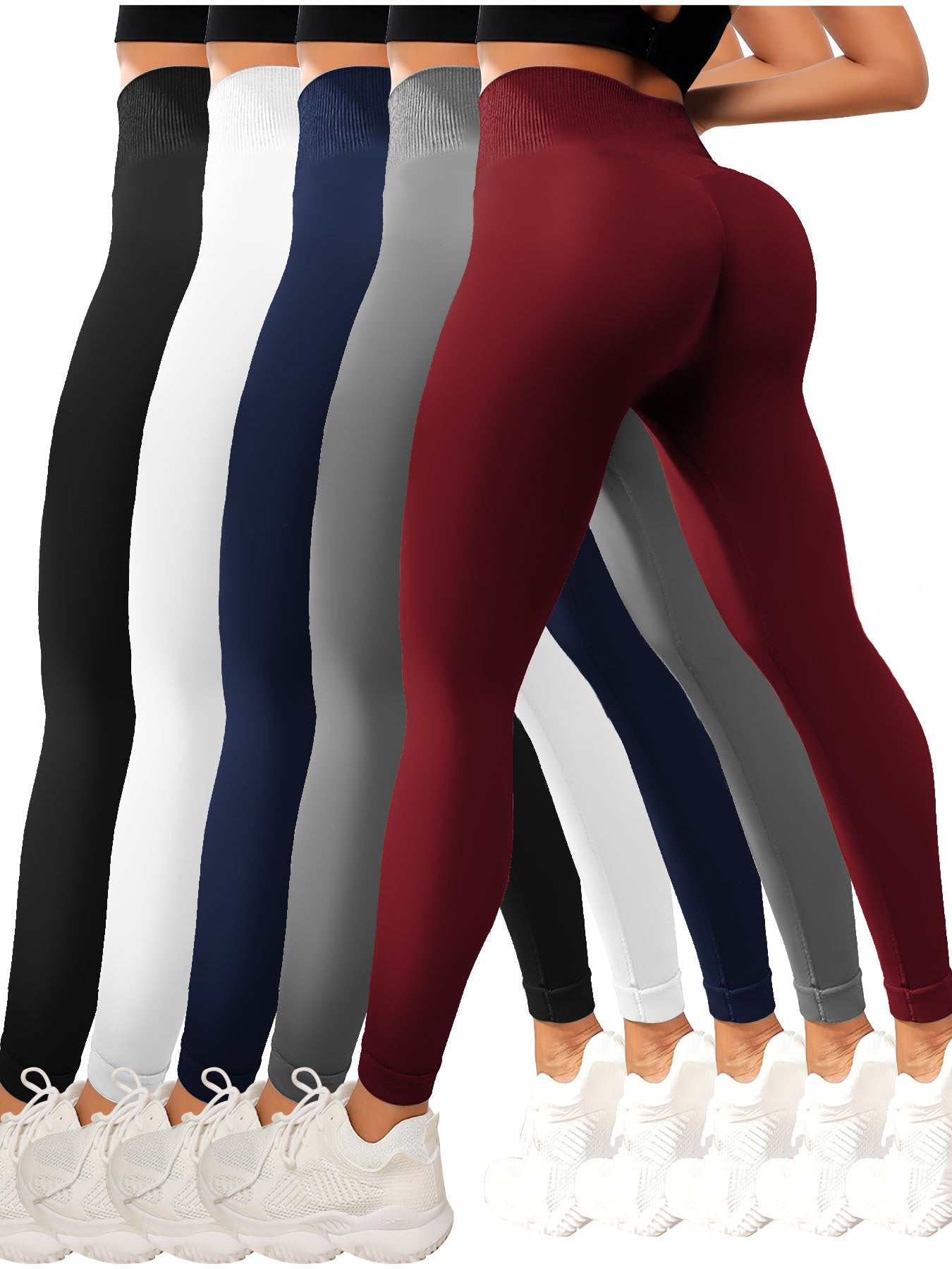 Five-pack women's high waisted leggings super soft stretch opaque slim fit yoga leggings, solid color stretch tummy control yoga pants for cycling workouts