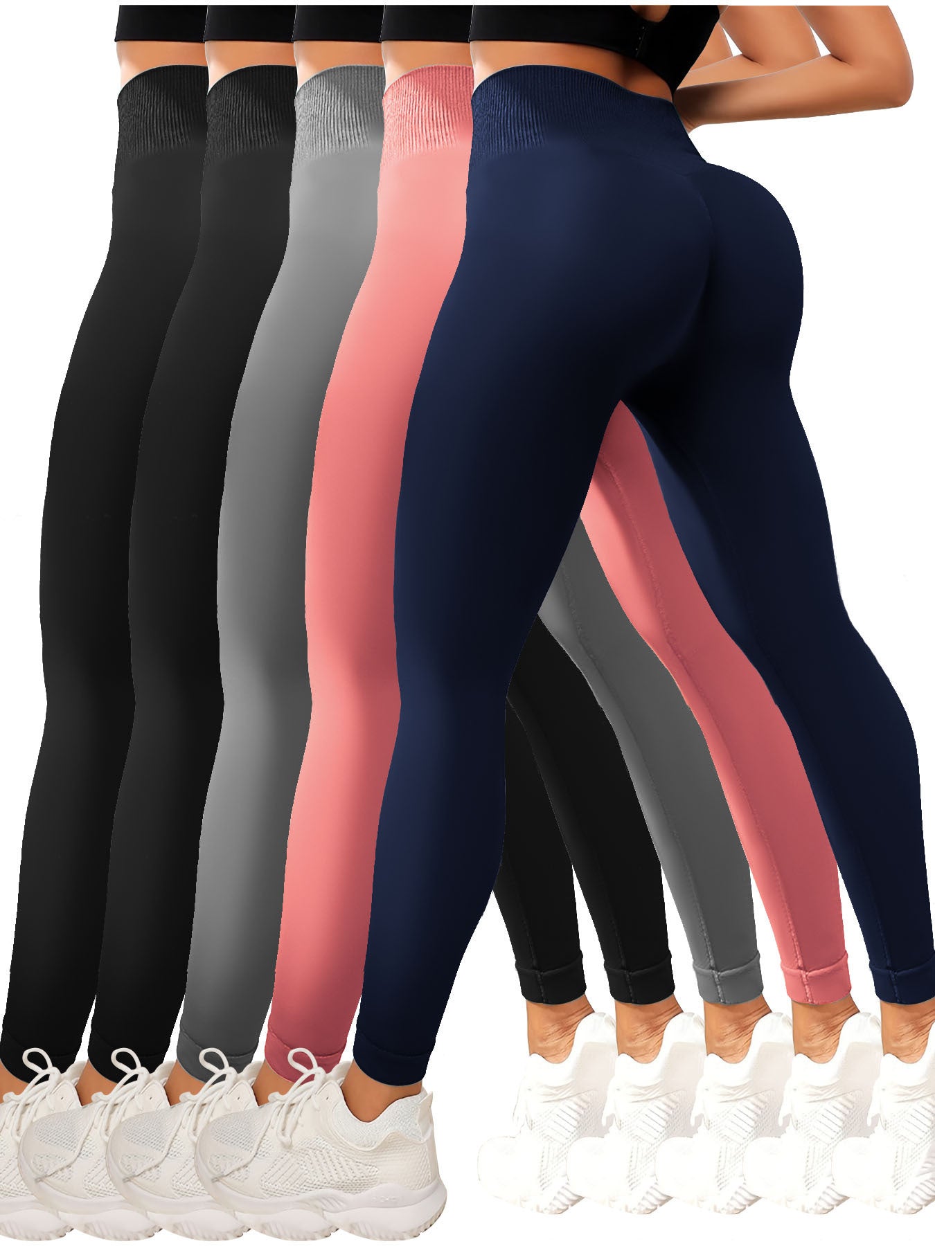 Five-pack women's high waisted leggings super soft stretch opaque slim fit yoga leggings, solid color stretch tummy control yoga pants for cycling workouts