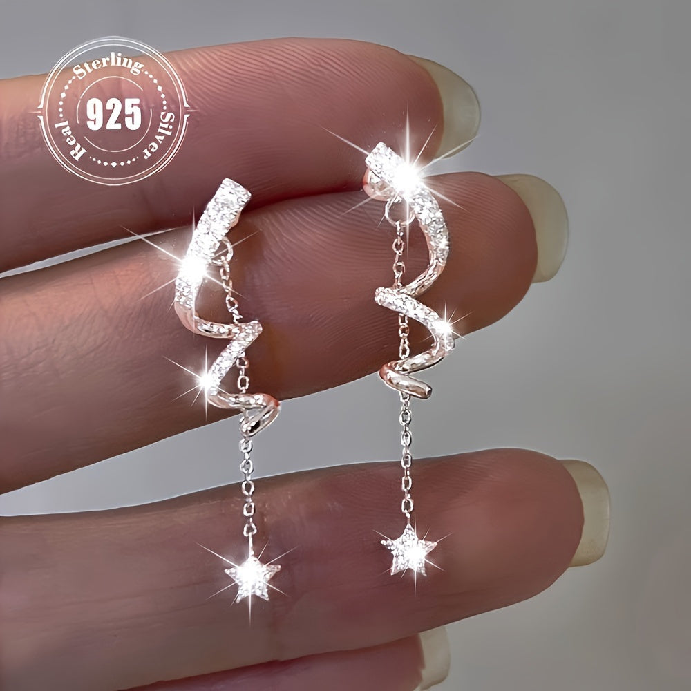 Sterling Silver Hypoallergenic Chic 925 Star Tassel Dangle Earrings - Sparkling Zirconia, Novelty Earrings, Cute Style, Perfect for Everyday & Party Wear, Vacation Style