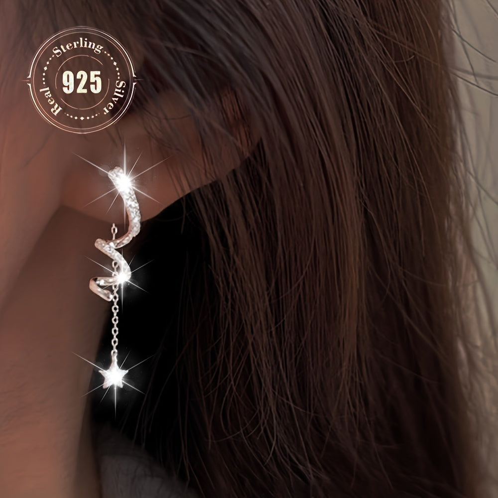 Sterling Silver Hypoallergenic Chic 925 Star Tassel Dangle Earrings - Sparkling Zirconia, Novelty Earrings, Cute Style, Perfect for Everyday & Party Wear, Vacation Style
