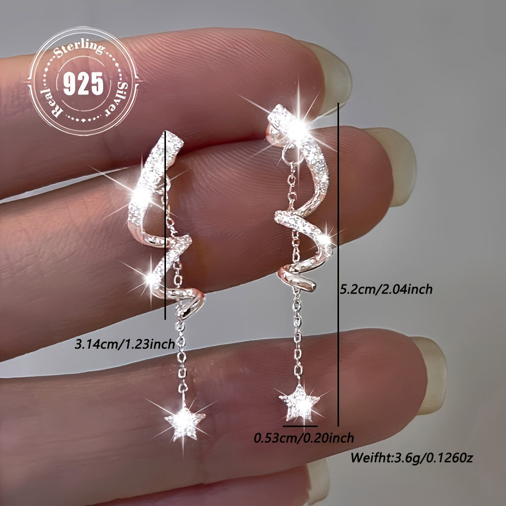 Sterling Silver Hypoallergenic Chic 925 Star Tassel Dangle Earrings - Sparkling Zirconia, Novelty Earrings, Cute Style, Perfect for Everyday & Party Wear, Vacation Style