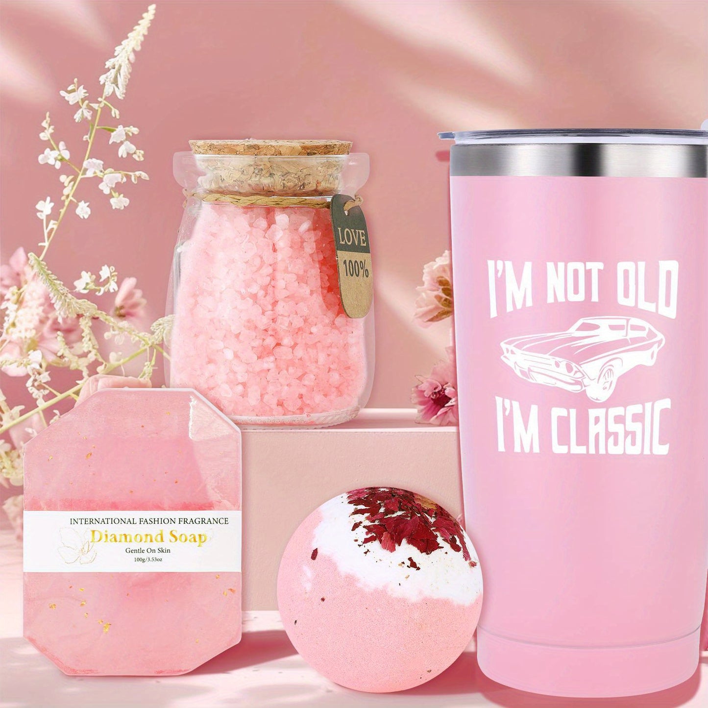 Chic Pink "I'm Not Old, I'm Classic" Insulated Travel Tumbler Set with Lid - Includes Scented Candle, Bath Soap, & Floral Bookmark - Ideal Birthday & Christmas Gift for Men & Women Turning 40, 50, 55, 60, 65, 70, 80, 90 Years