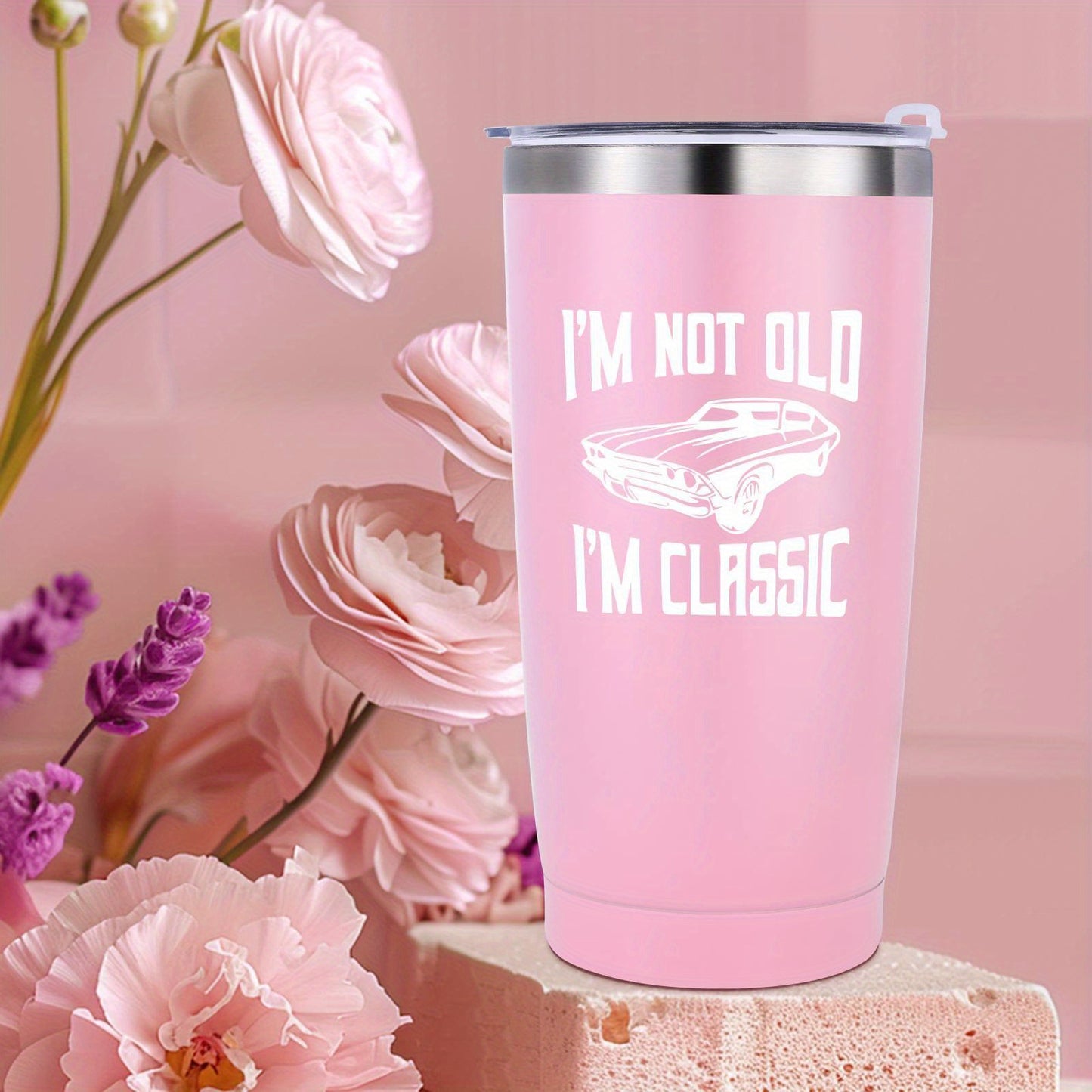 Chic Pink "I'm Not Old, I'm Classic" Insulated Travel Tumbler Set with Lid - Includes Scented Candle, Bath Soap, & Floral Bookmark - Ideal Birthday & Christmas Gift for Men & Women Turning 40, 50, 55, 60, 65, 70, 80, 90 Years