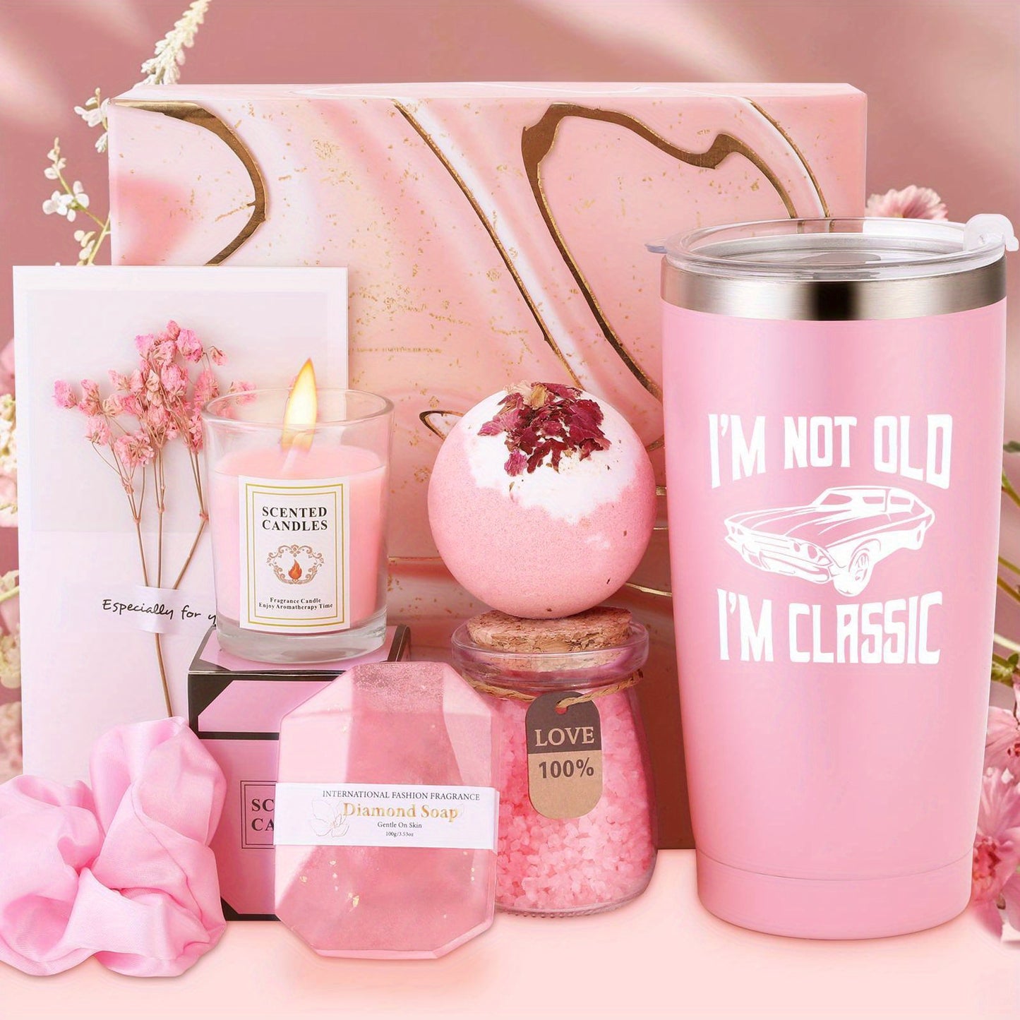 Chic Pink "I'm Not Old, I'm Classic" Insulated Travel Tumbler Set with Lid - Includes Scented Candle, Bath Soap, & Floral Bookmark - Ideal Birthday & Christmas Gift for Men & Women Turning 40, 50, 55, 60, 65, 70, 80, 90 Years