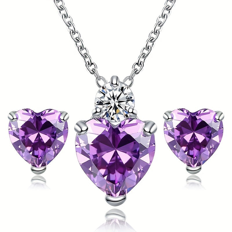 3pcs Sparkling Zirconia Heart Stud Earrings And Necklace Set For Teen Girls, Birthday Gift