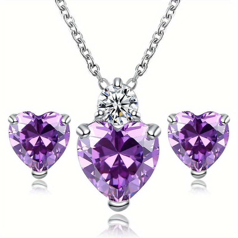 3pcs Sparkling Zirconia Heart Stud Earrings And Necklace Set For Teen Girls, Birthday Gift
