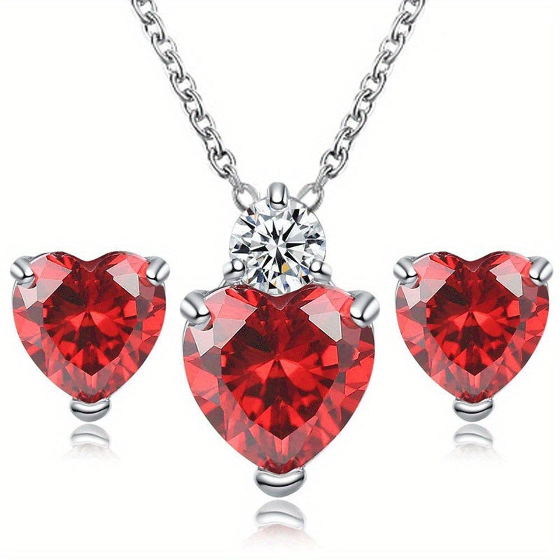 3pcs Sparkling Zirconia Heart Stud Earrings And Necklace Set For Teen Girls, Birthday Gift