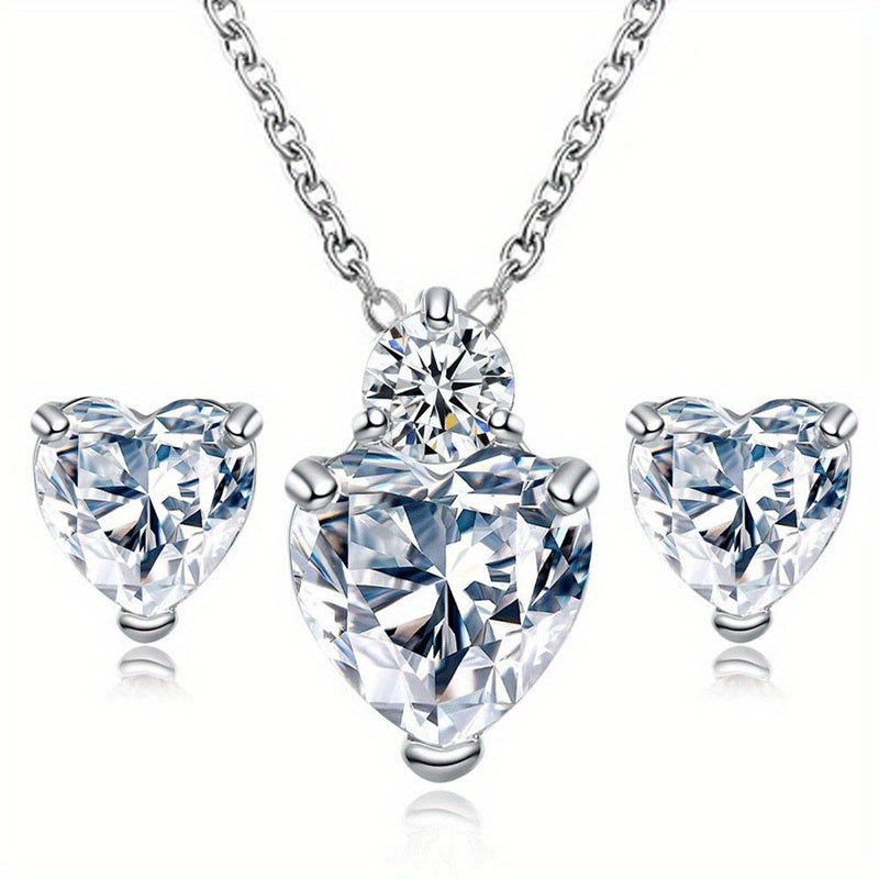 3pcs Sparkling Zirconia Heart Stud Earrings And Necklace Set For Teen Girls, Birthday Gift