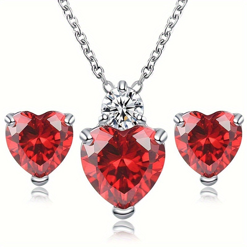 3pcs Sparkling Zirconia Heart Stud Earrings And Necklace Set For Teen Girls, Birthday Gift