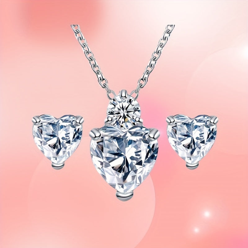 3pcs Sparkling Zirconia Heart Stud Earrings And Necklace Set For Teen Girls, Birthday Gift