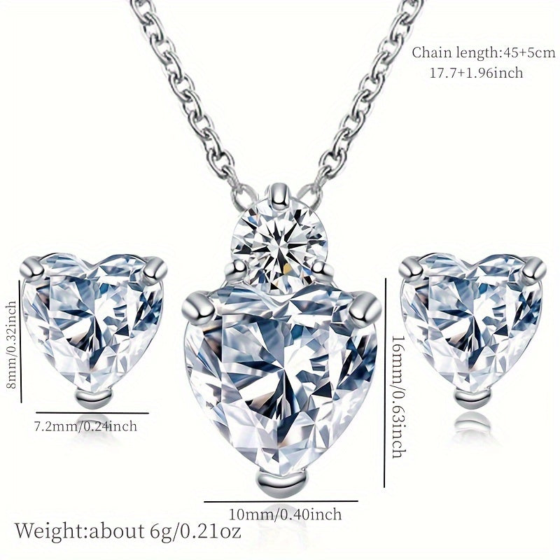 3pcs Sparkling Zirconia Heart Stud Earrings And Necklace Set For Teen Girls, Birthday Gift