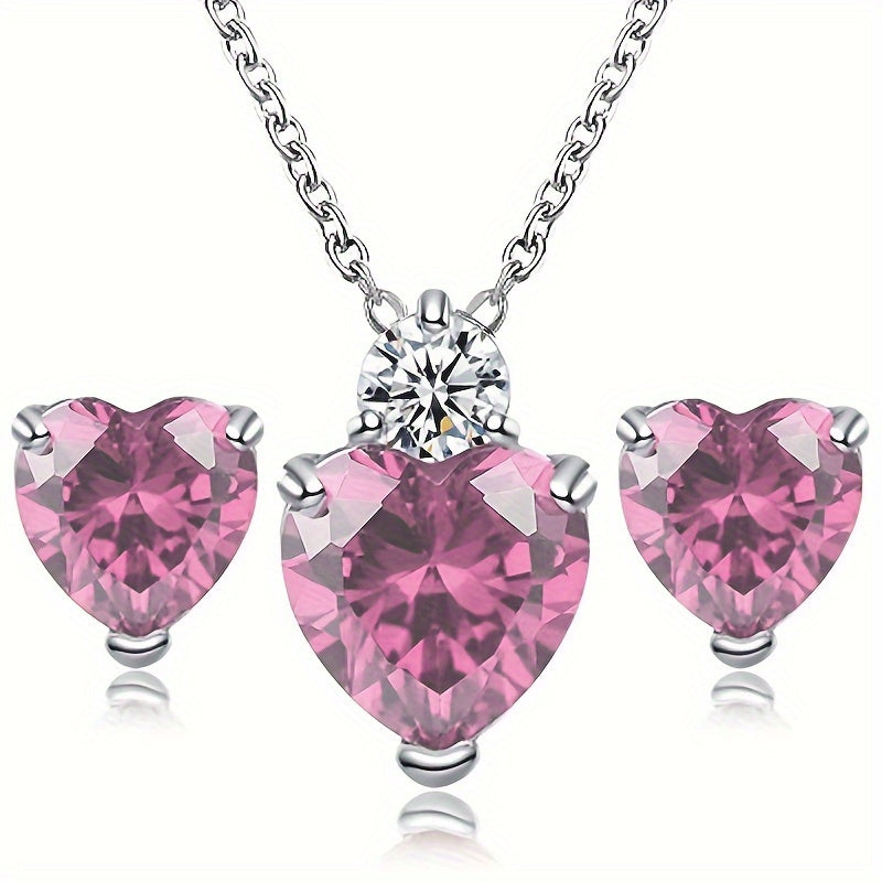 3pcs Sparkling Zirconia Heart Stud Earrings And Necklace Set For Teen Girls, Birthday Gift