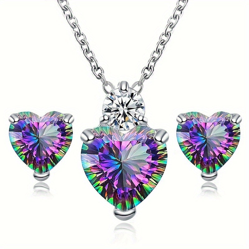 3pcs Sparkling Zirconia Heart Stud Earrings And Necklace Set For Teen Girls, Birthday Gift