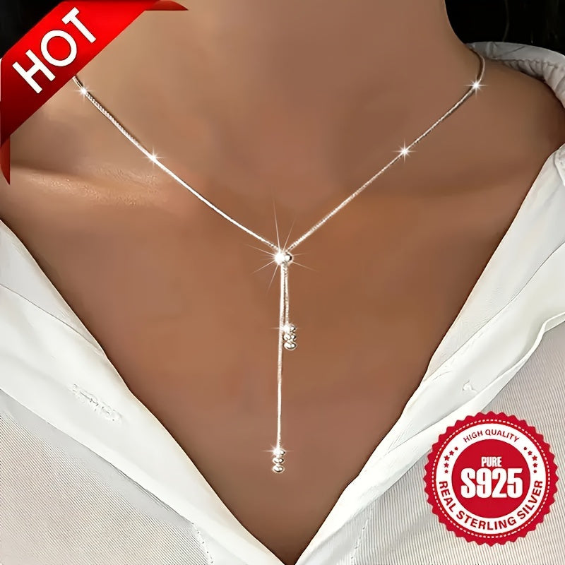 Elegant 925 Sterling Silver Y-Shape Necklace for Women, Adjustable Bead Slider, Simple Classic Design, Silver Plated, Hypoallergenic 3.05g, Versatile for All Seasons, Ideal for Daily Wear & Vacation, Perfect Christmas Gift