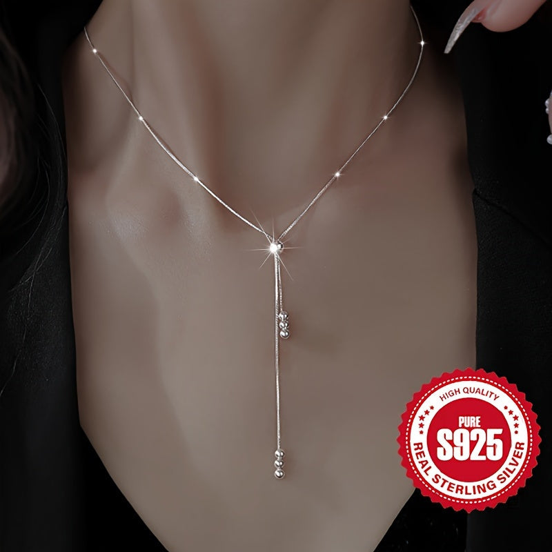 Elegant 925 Sterling Silver Y-Shape Necklace for Women, Adjustable Bead Slider, Simple Classic Design, Silver Plated, Hypoallergenic 3.05g, Versatile for All Seasons, Ideal for Daily Wear & Vacation, Perfect Christmas Gift