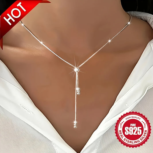 Elegant 925 Sterling Silver Y-Shape Necklace for Women, Adjustable Bead Slider, Simple Classic Design, Silver Plated, Hypoallergenic 3.05g, Versatile for All Seasons, Ideal for Daily Wear & Vacation, Perfect Christmas Gift