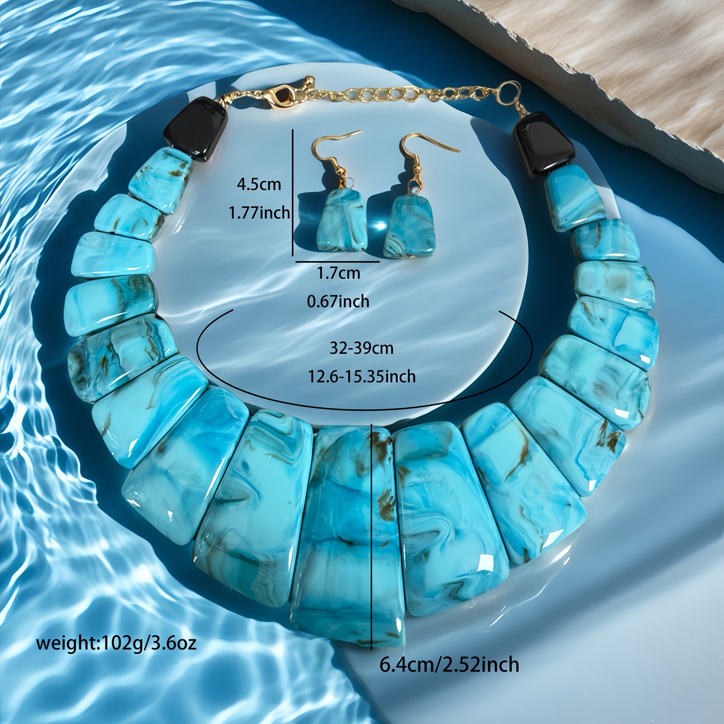 Elegant Blue Resin Jewelry Set with Golden Accents