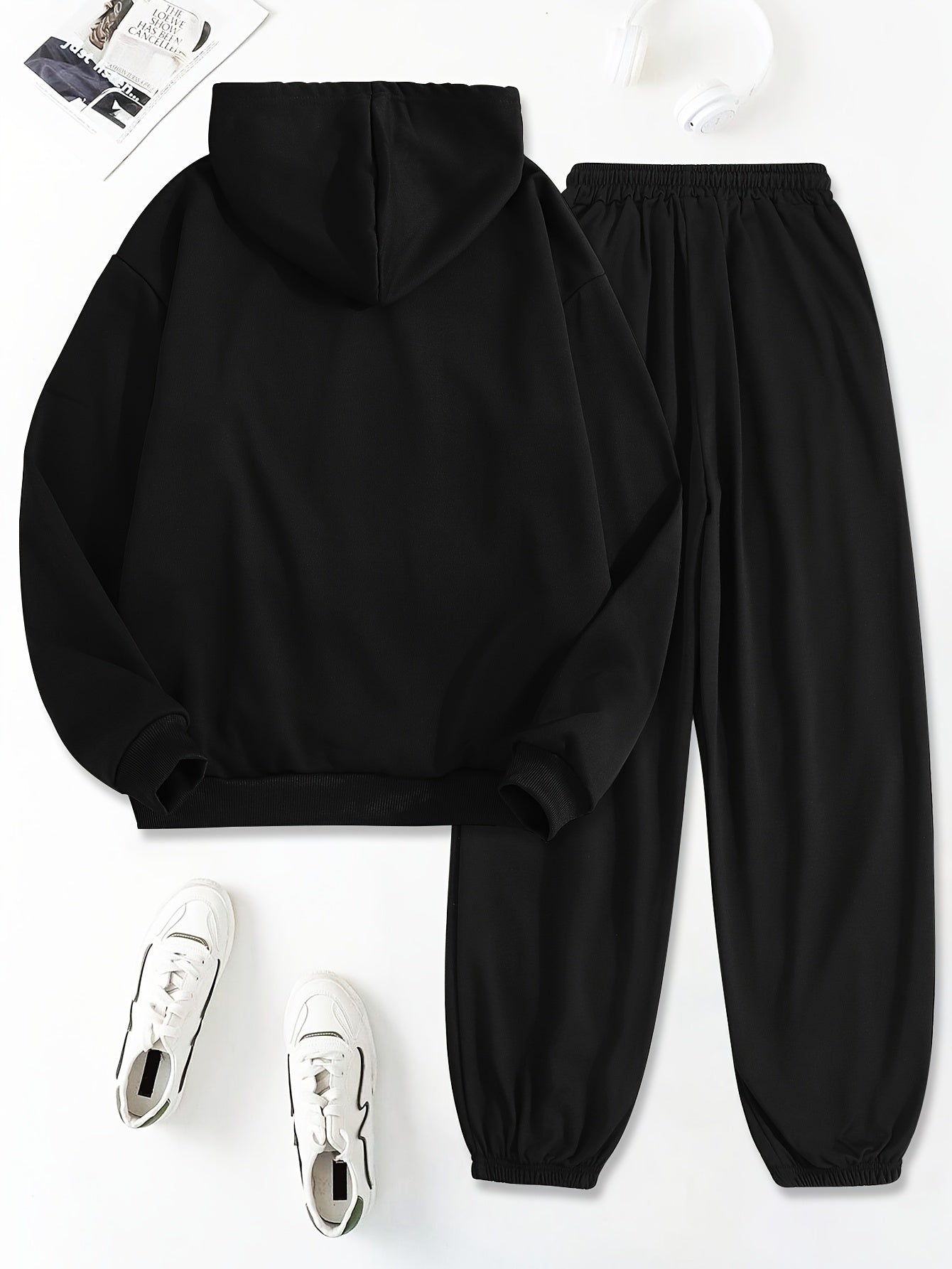 Letter Print Two Piece Hoodie And Pants Set Polyester Women