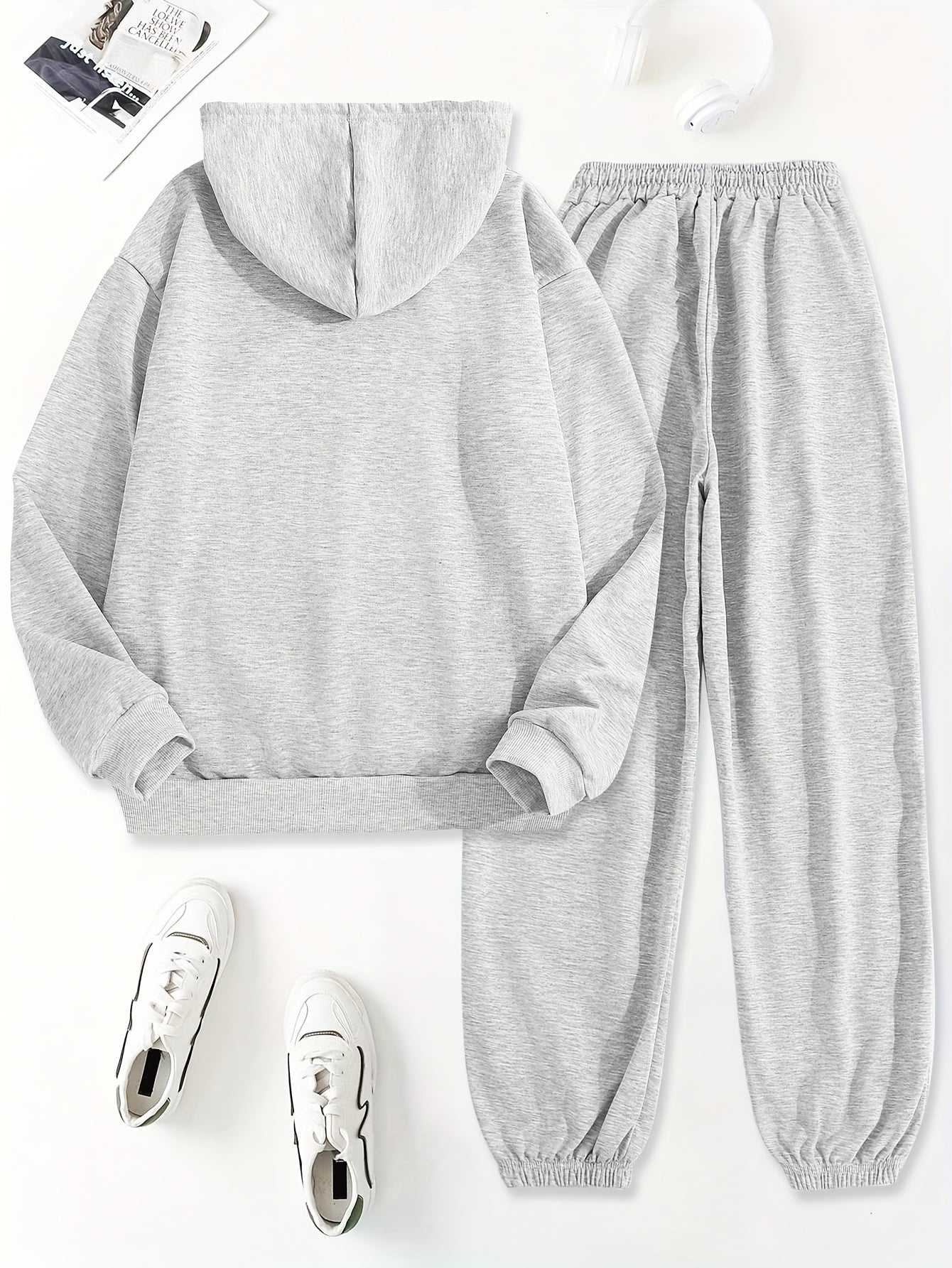Letter Print Two Piece Hoodie And Pants Set Polyester Women