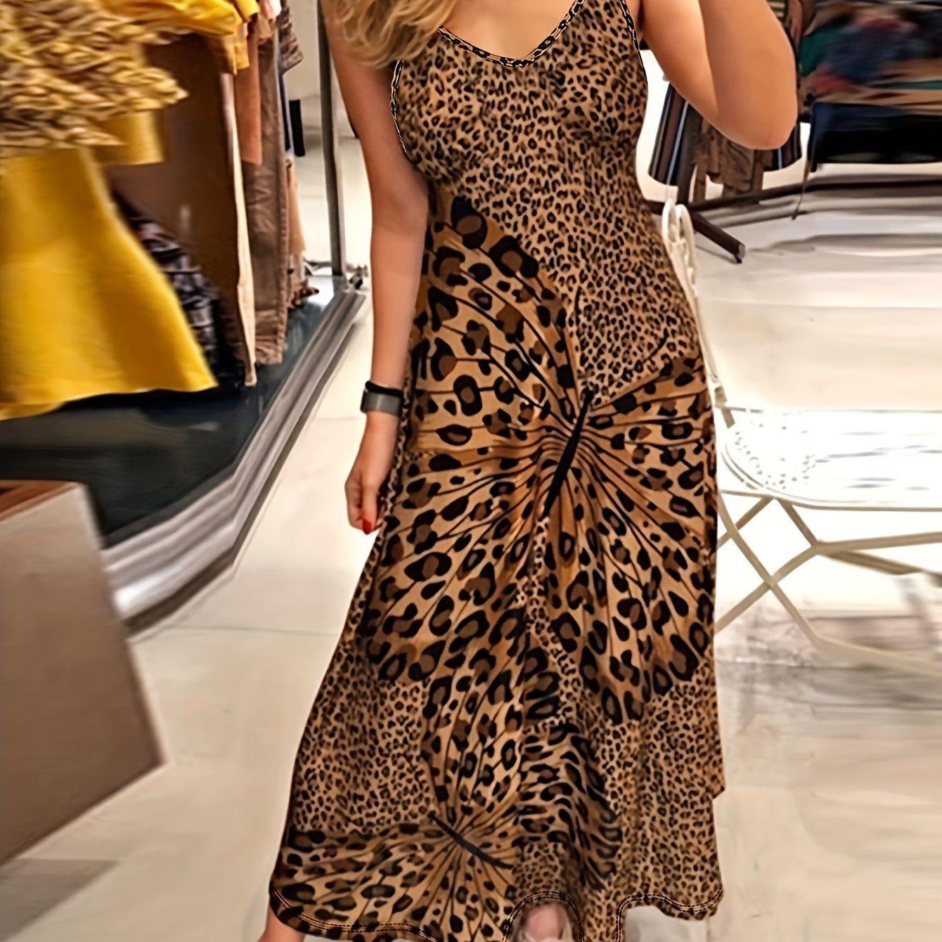Women Casual Holiday Leopard Butterfly Print Strap Dress