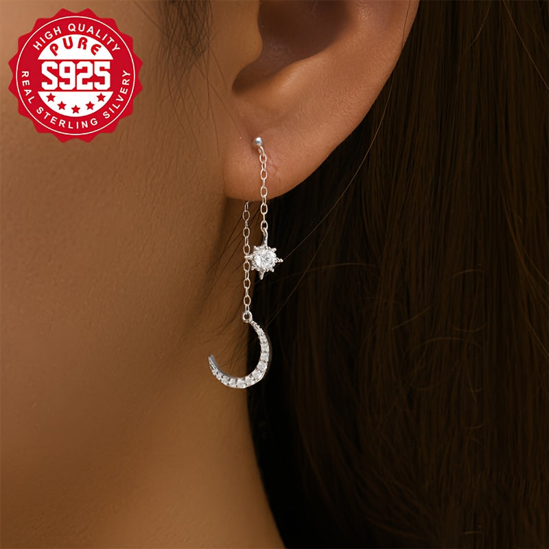 1 Pair Elegant S925 Silver Crescent Moon Dangle Earrings, Synthetic Zirconia, Bling Fashion Ear Studs for Women, Hypoallergenic, Perfect for Daily Wear & Banquets, Thanksgiving Gift, 1.8g
