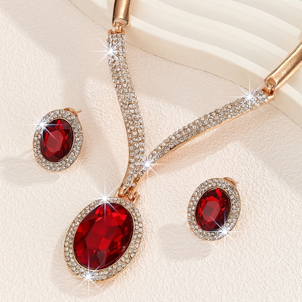 Middle Eastern Red Sparkling Crystal Two-Piece Jewelry Set for Women