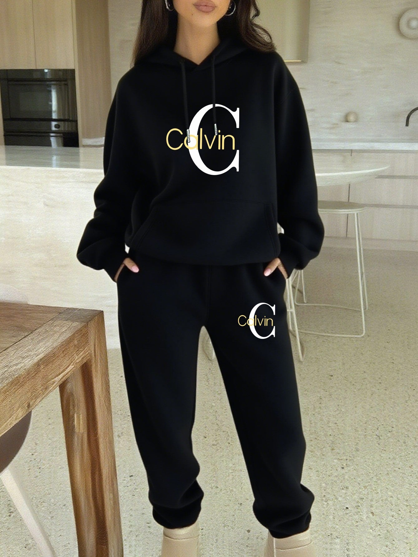 Calvin Hooded Sweatshirt And Jogger Set With CALVIN Print