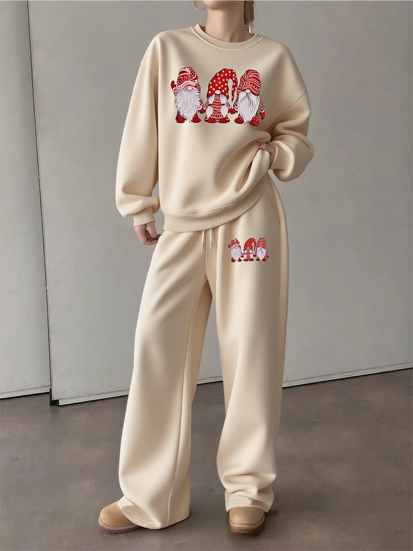 Women'S Cozy Fleece-Lined Sweatshirt and Pants Set - Casual Crew Neck, Long Sleeve, Drawstring Waist, with Red & Santa Hat Print, Perfect for Fall/Winter, Winter Clothing | Casual Style | Fleece Lined Sweatshirt